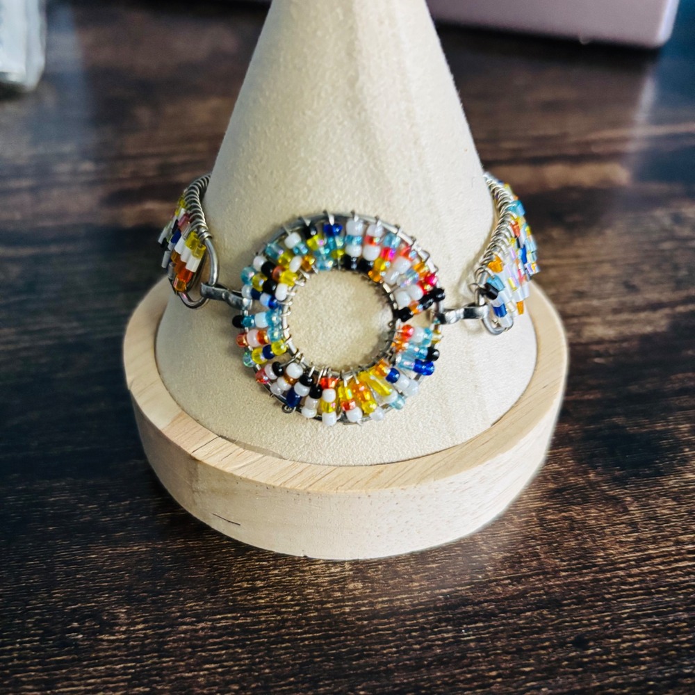 Handmade Multi Color Seed Bead Wire Wrapped Toggle Bracelet Boho Geometric